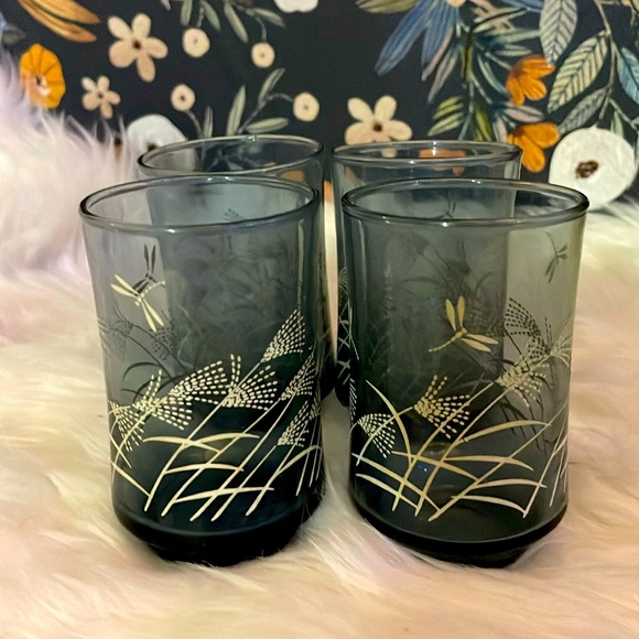 Vintage Libbey Dusky Blue Dragonfly Juice Glasses, set of 4 - Picture 1 of 4